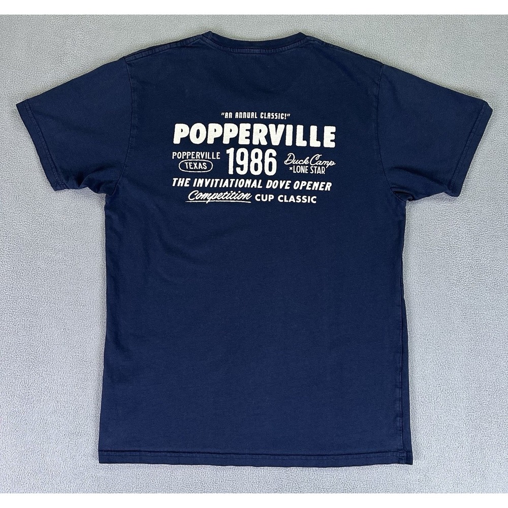 Duck Camp Shirt Medium Navy Blue Lone Star Popperville Texas Dove Opener Outdoor